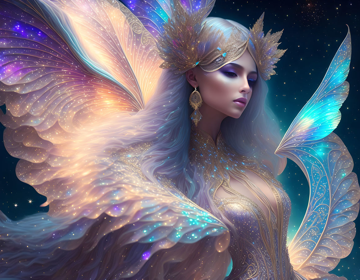 Ethereal woman with butterfly wings in golden attire on starry night sky.