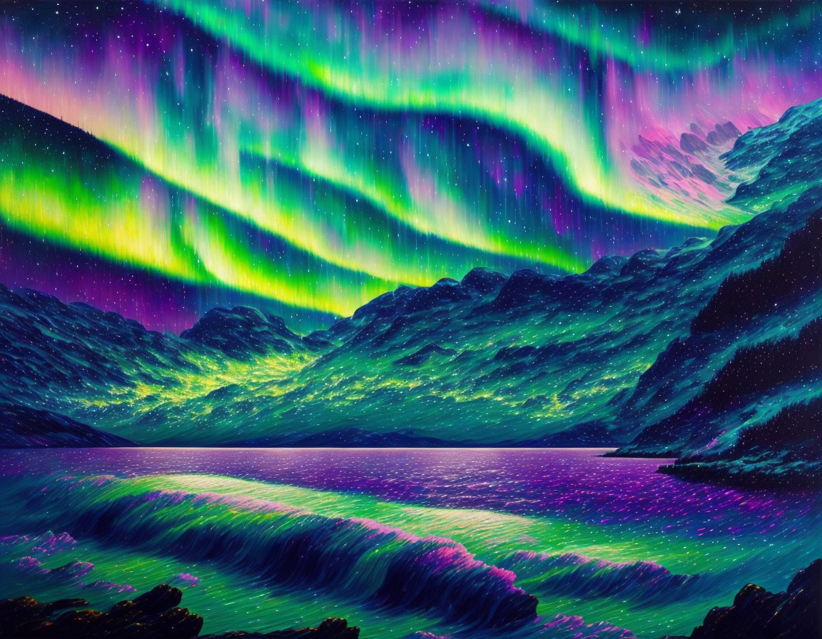 Colorful Aurora Borealis Over Mountain Lake at Night