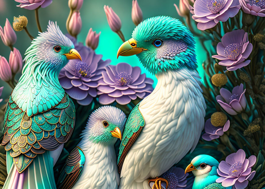 Vibrant bird illustrations with detailed feathers and purple flowers.