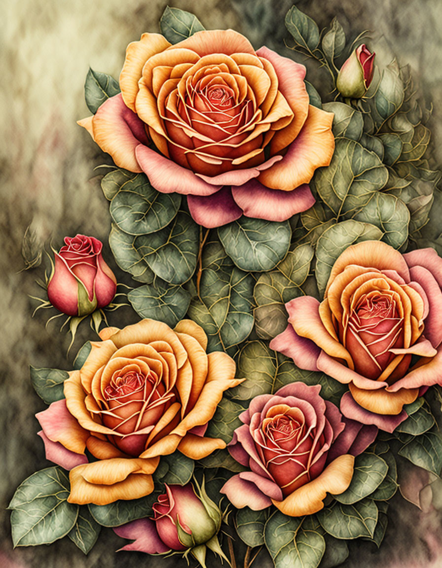 Detailed Orange Roses Cluster on Sepia Background with Green Leaves