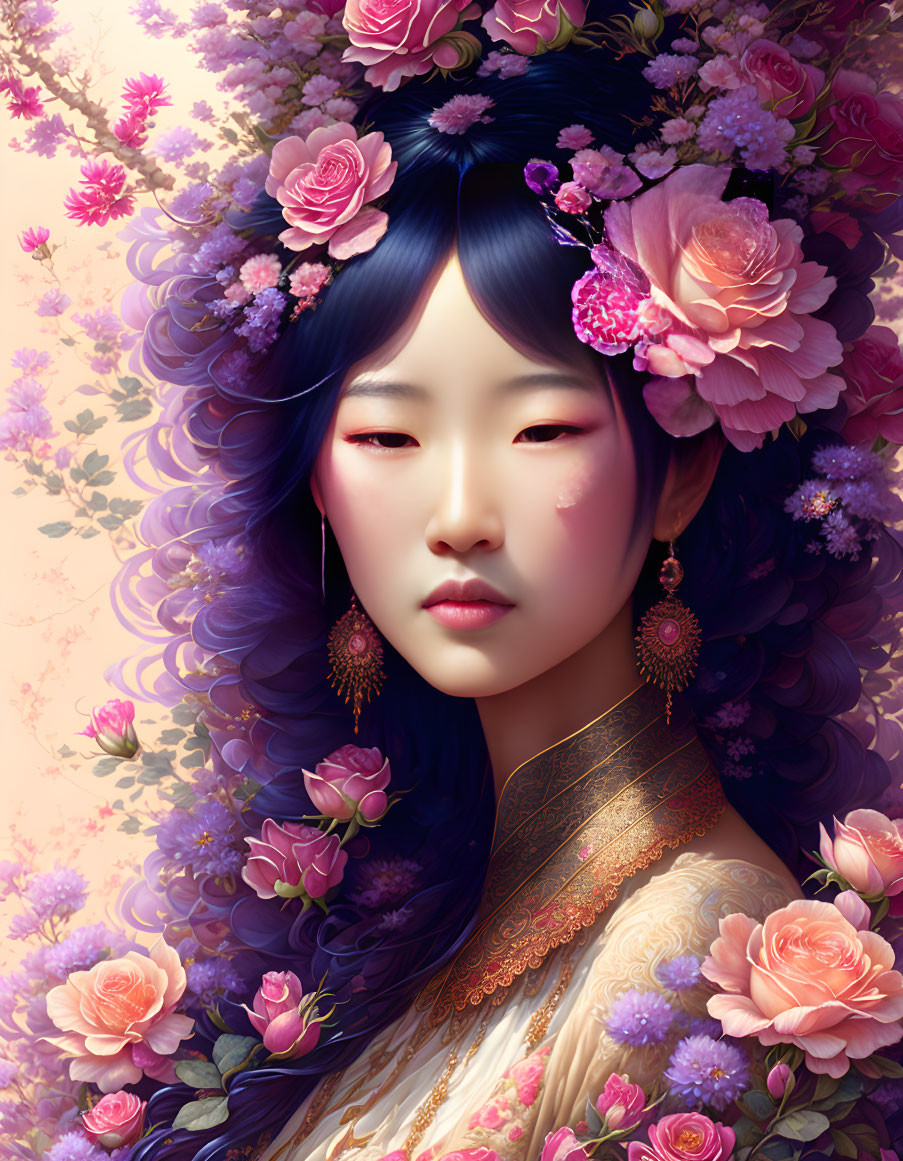 Illustrated portrait of woman with floral headdress and purple hair in traditional attire.