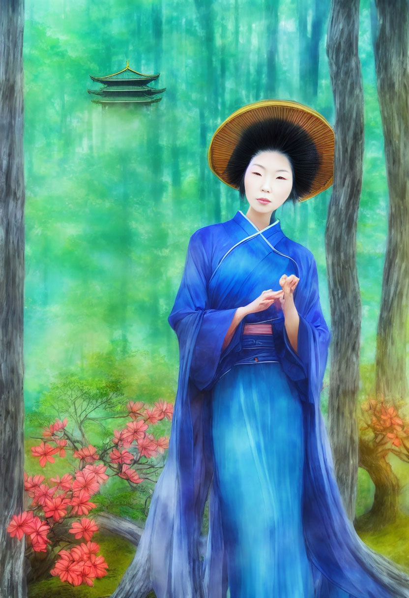 Traditional Asian Attire Figure in Conical Hat Amidst Stylized Trees and Boat