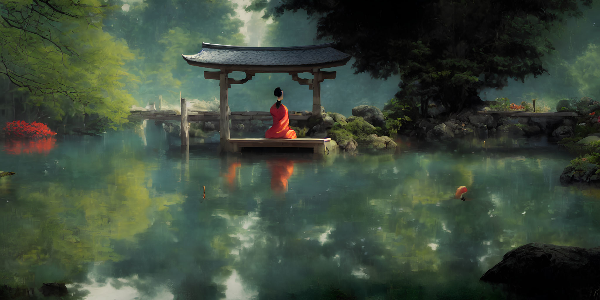 Person in Red Outfit Sitting by Serene Pond in Traditional Pavilion