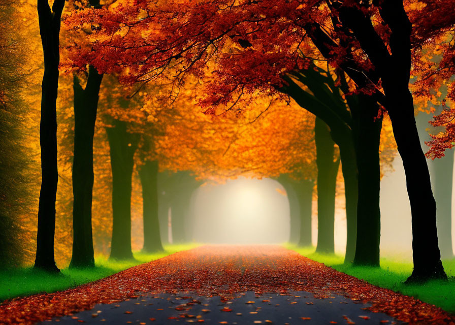 Tranquil autumn scene: tree-lined road with orange leaves and sunlight.