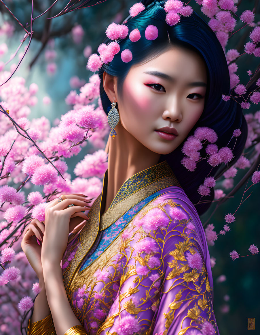 Traditional East Asian attire woman surrounded by pink cherry blossoms