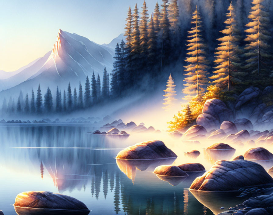 Serene mountain lake sunrise with pine tree reflection and mist.