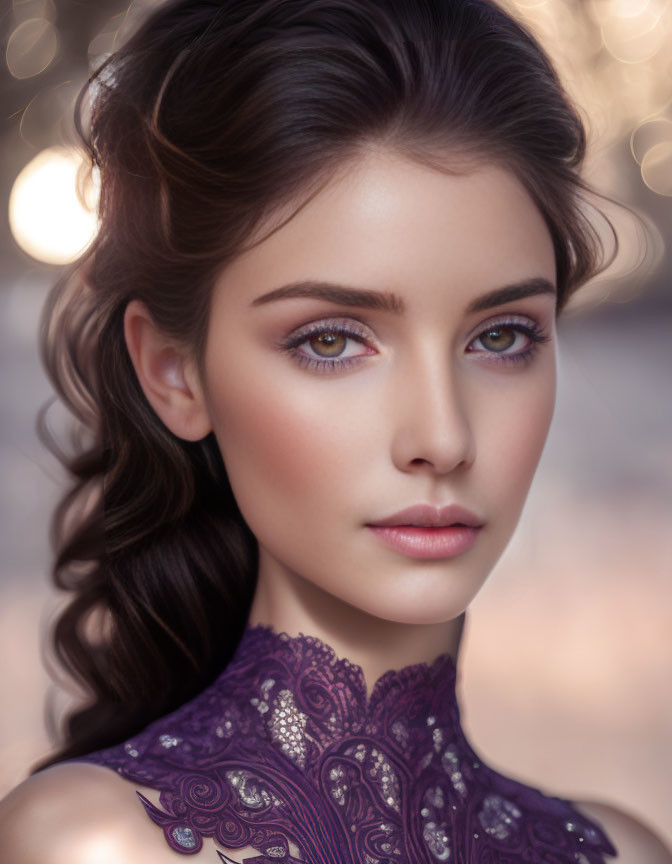 Portrait of woman with elegant makeup and curled hair in purple lace garment against bokeh background