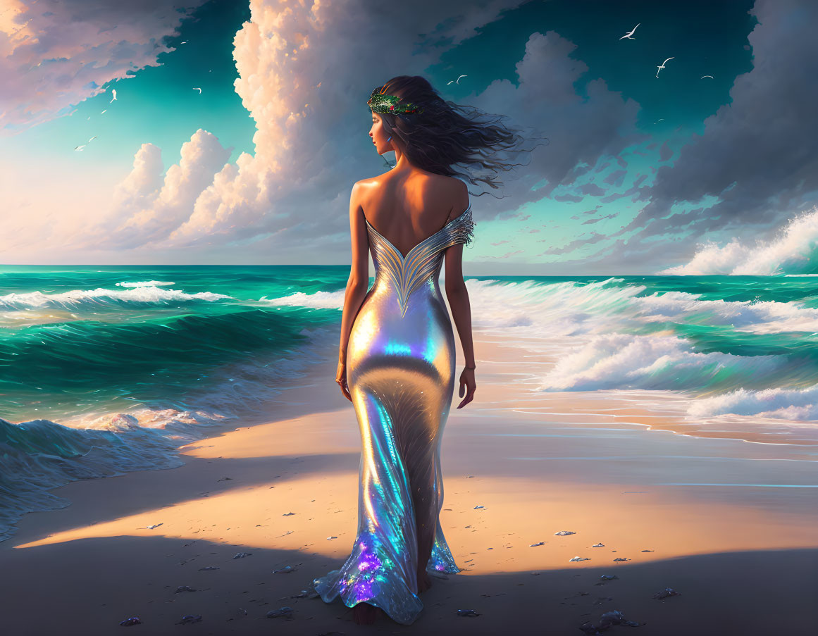 Woman in iridescent dress on beach at sunset with cloudy sky