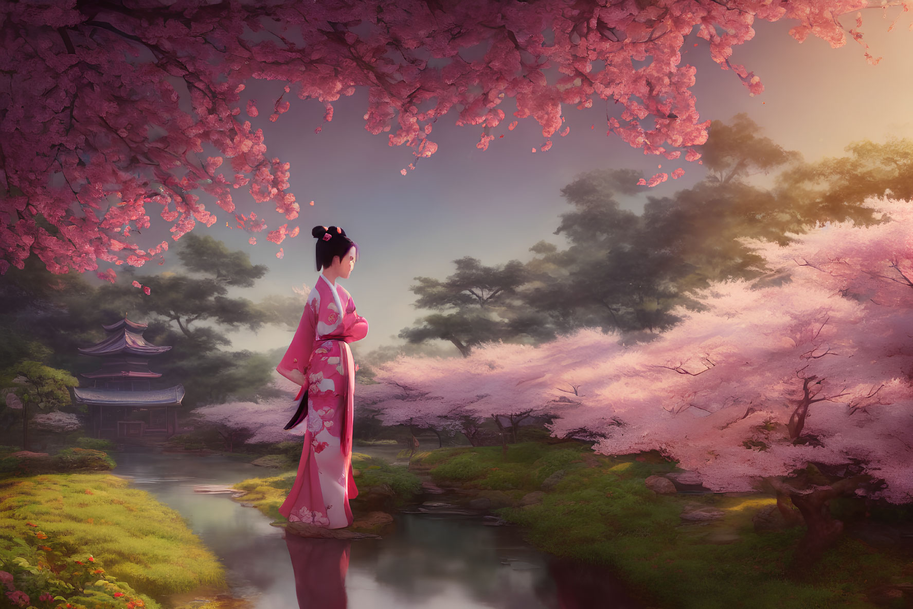 Traditional pink kimono woman under cherry blossoms by stream and pagoda at sunset