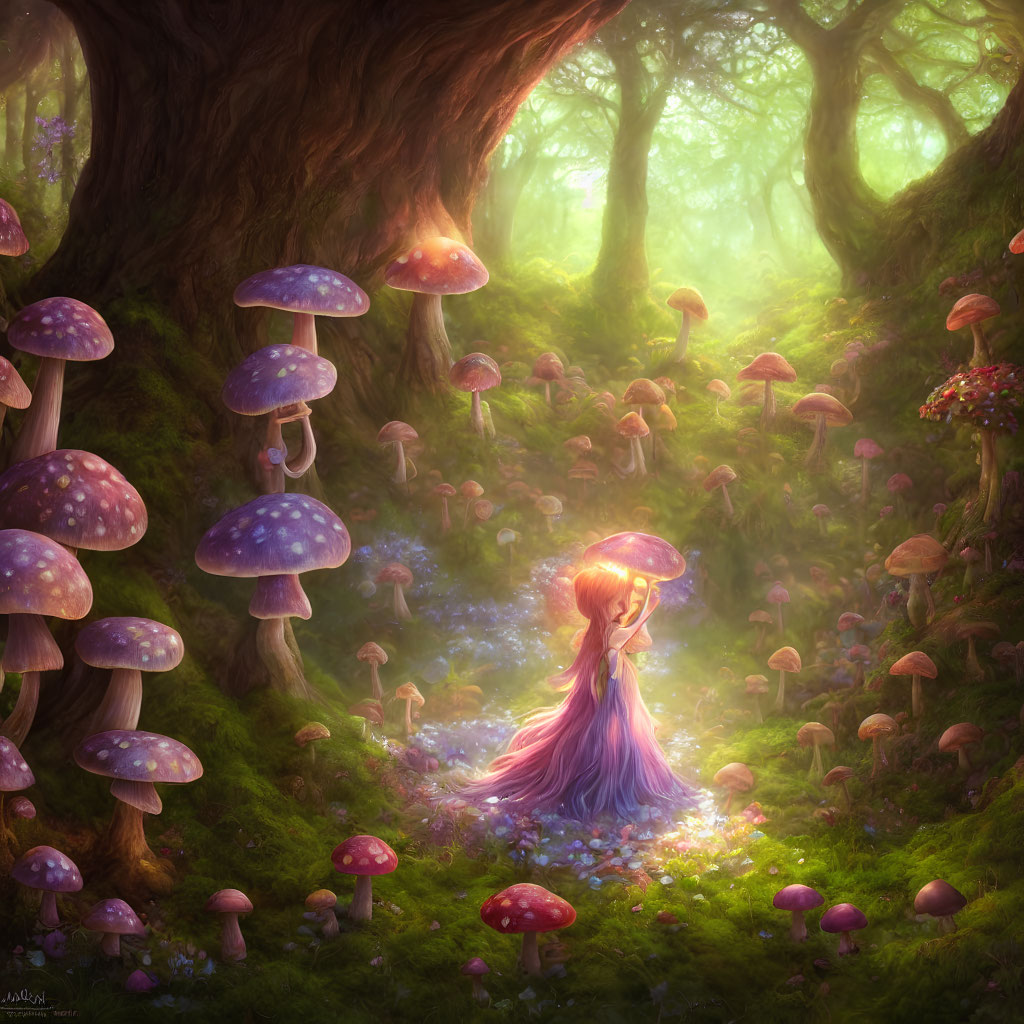 Mystical forest scene with ethereal woman and luminous purple mushrooms