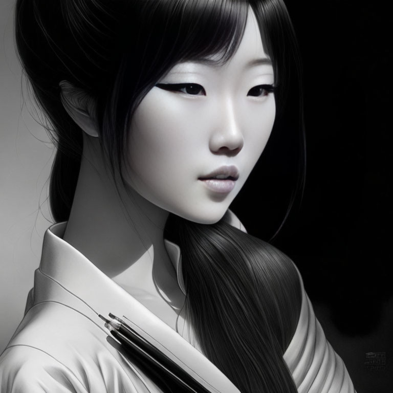 Monochrome artistic image: Asian woman with long black hair and brushes