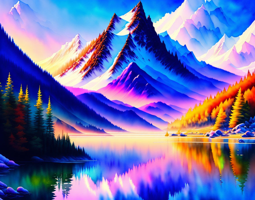 Vivid Blue and Purple Mountain Landscape Artwork