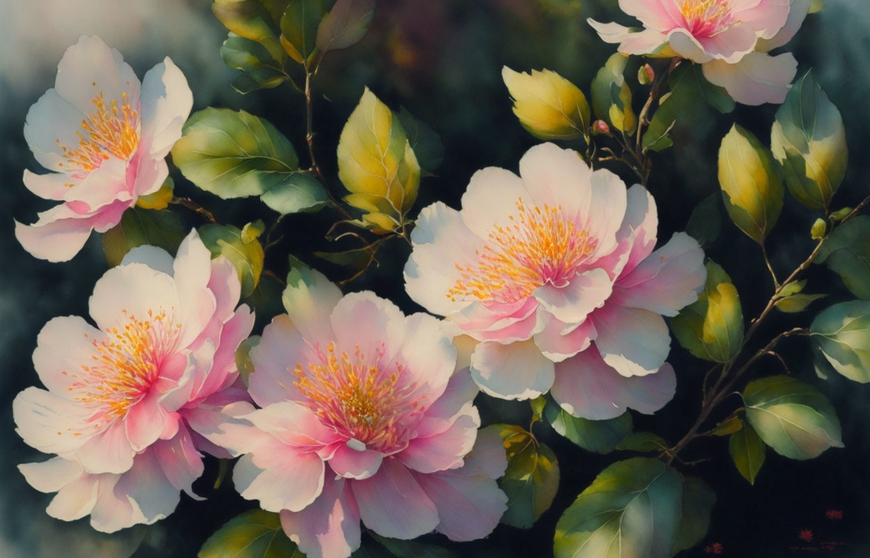 Delicate Pink Camellias with Yellow Stamens on Green Leaves