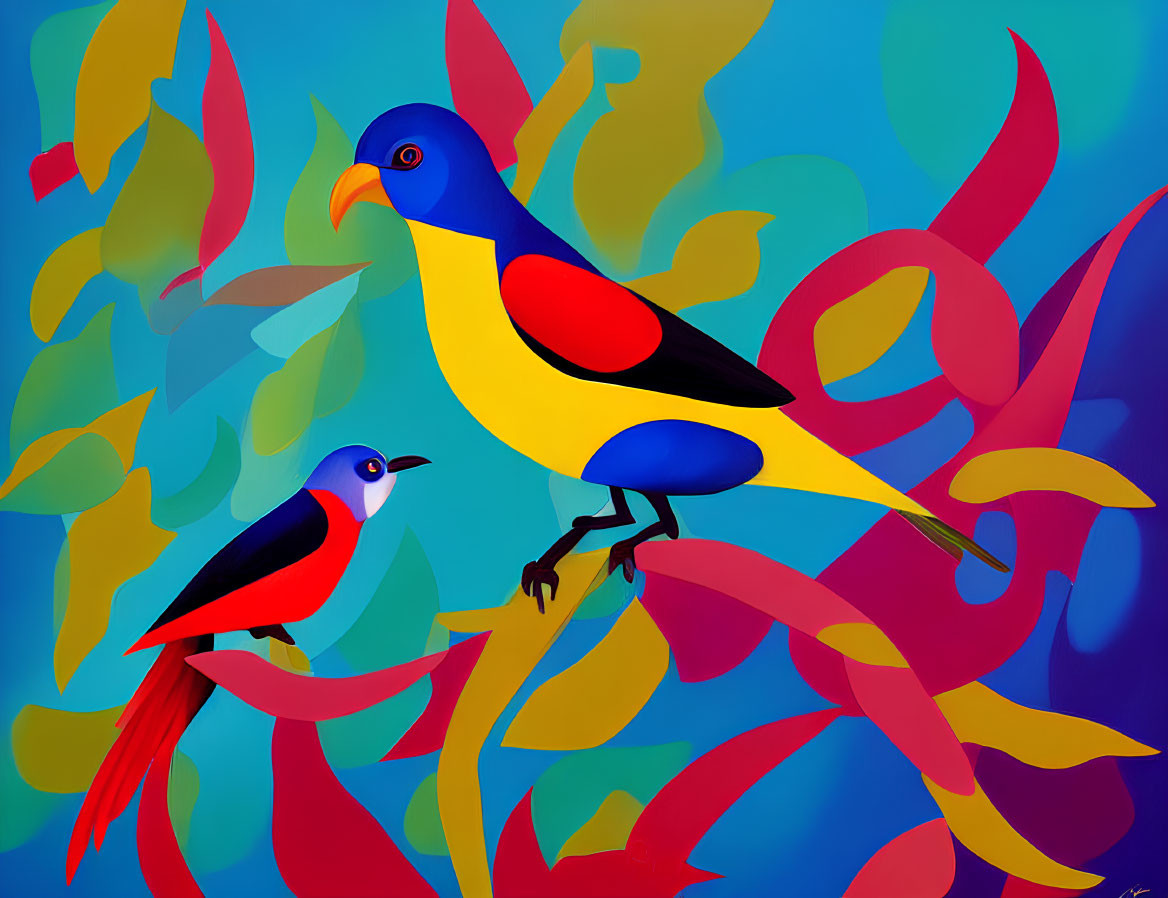 Vibrant stylized painting of two birds with colorful plumage perched in abstract foliage