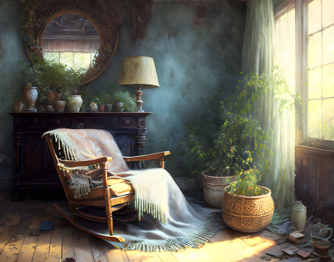 Sunlit cozy room with rocking chair, throw blanket, plants, and rustic decor.