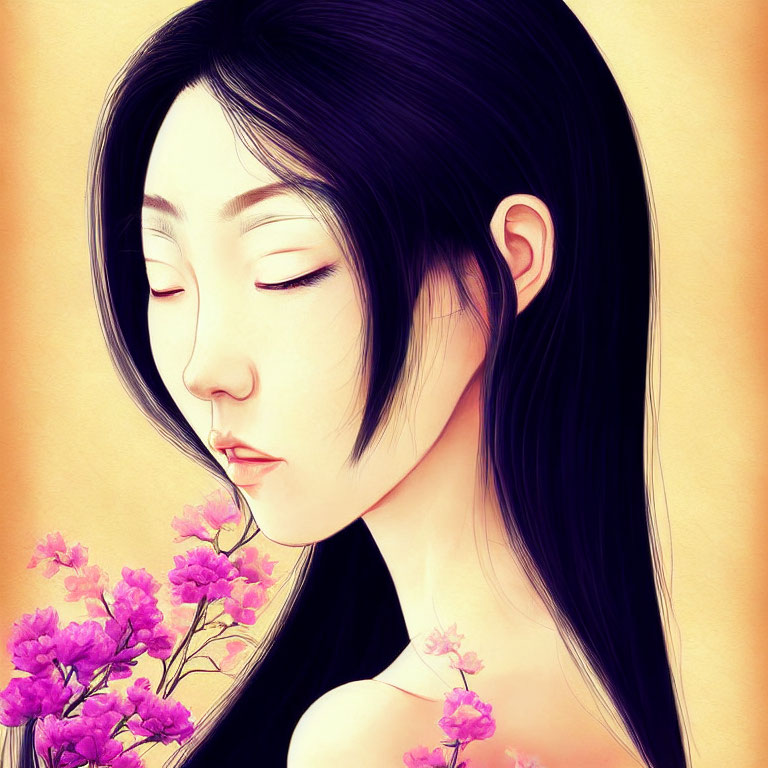 Digital illustration: Woman with long black hair, closed eyes, and purple flowers on warm background