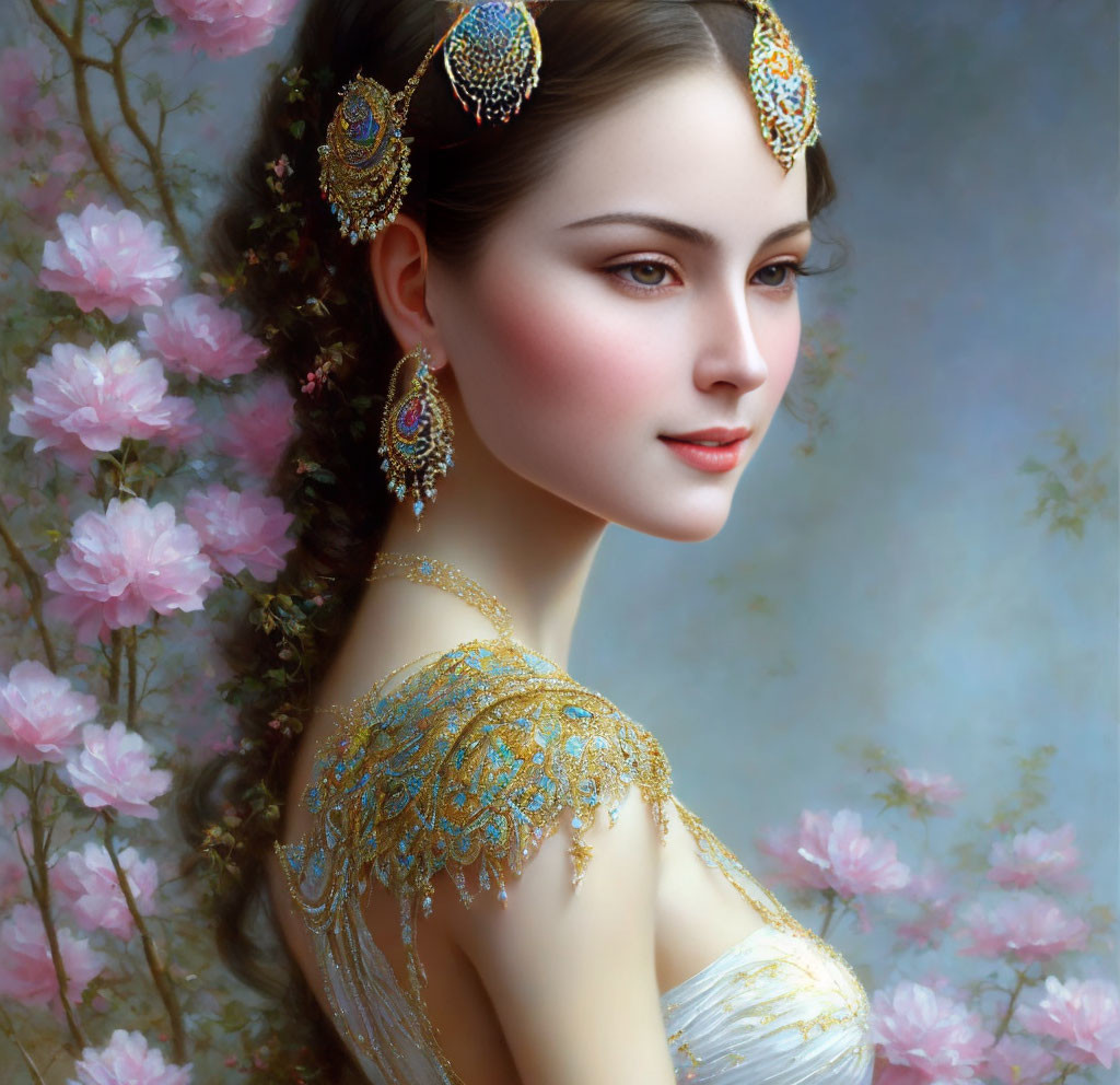 Woman in Off-Shoulder Dress with Gold Jewelry and Pink Blossoms