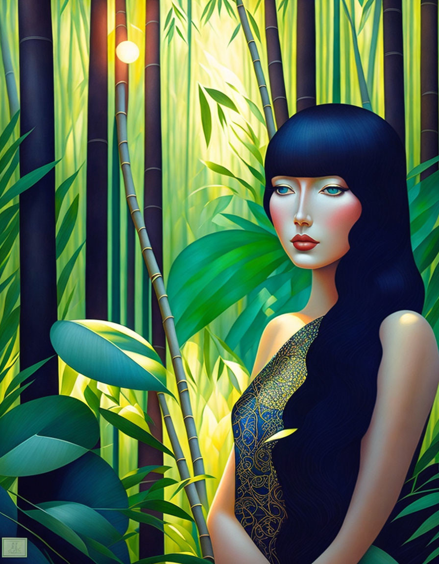 Illustrated woman with long black hair in bamboo forest with sunlight.