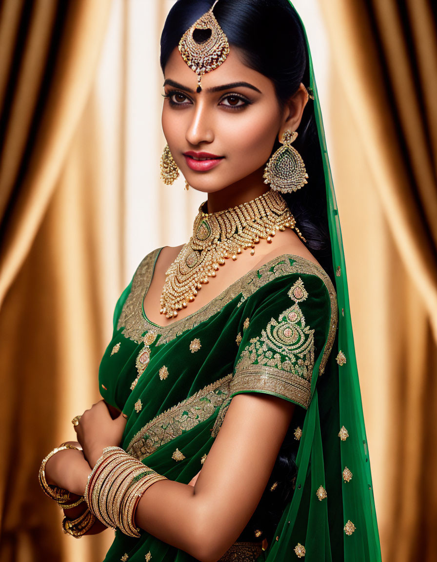 Traditional Indian Bridal Attire with Gold Jewelry and Green Saree