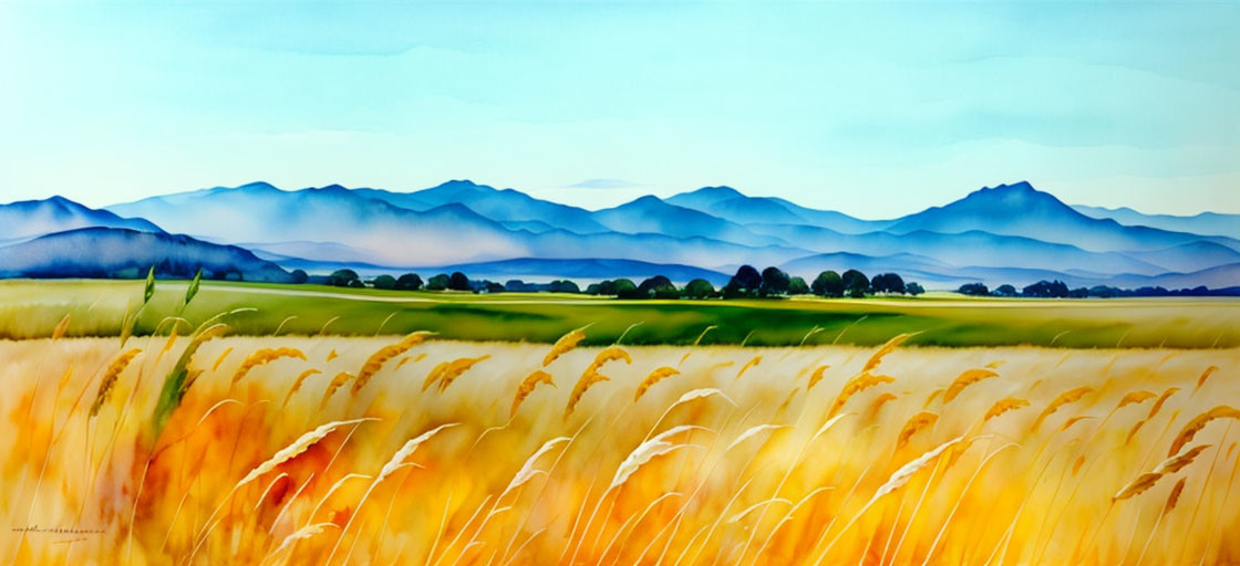 Panoramic Landscape Painting: Golden Fields, Blue Mountains, Yellow Sky