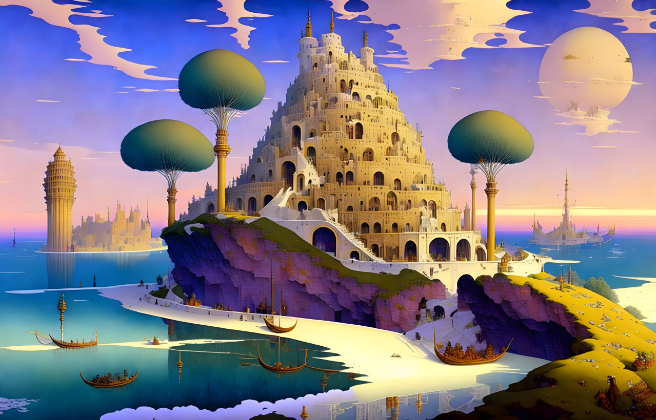 Grand castle on cliff with floating islands and ships under setting sun