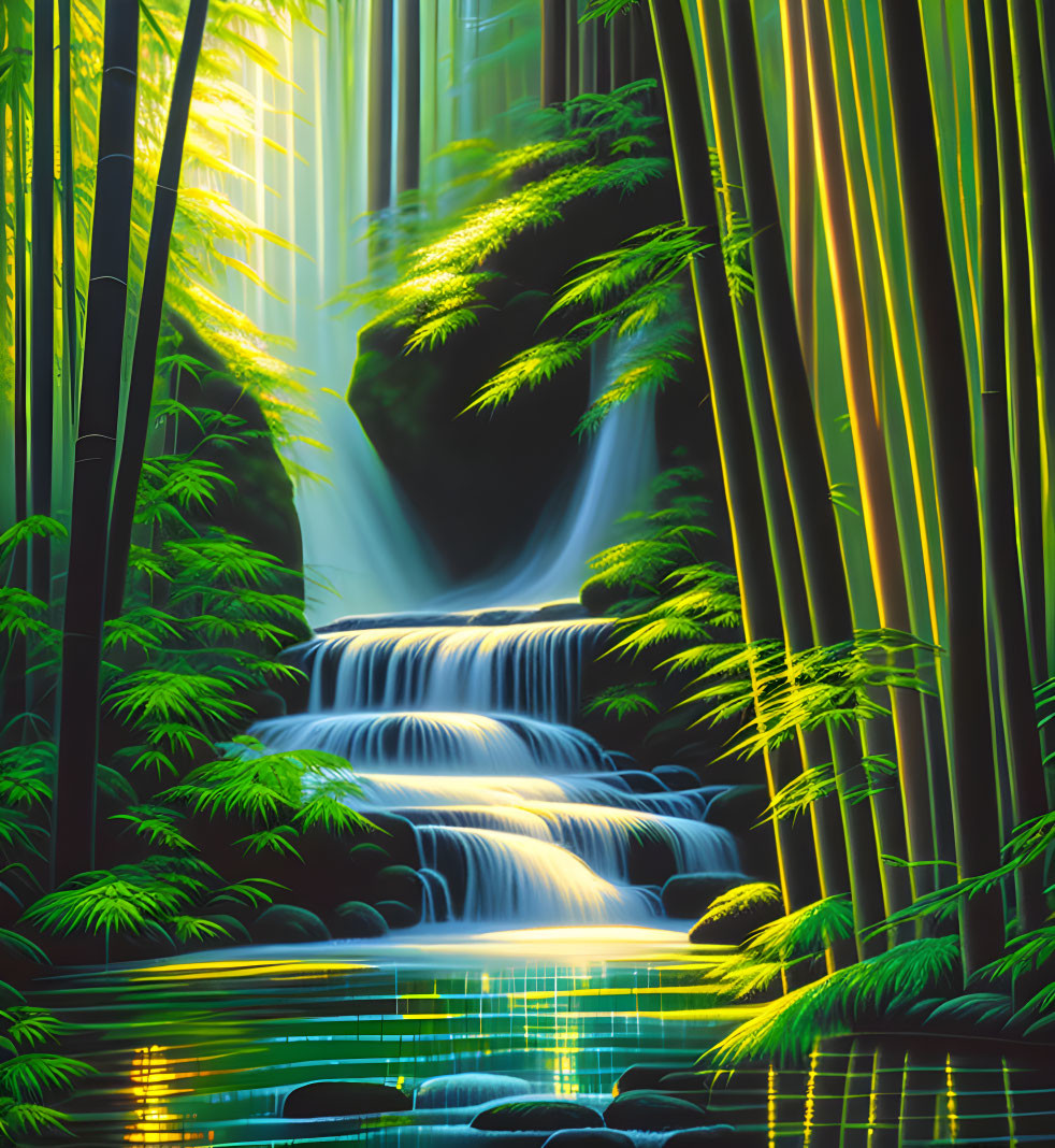 Serene bamboo forest with luminous waterfall & tranquil pond