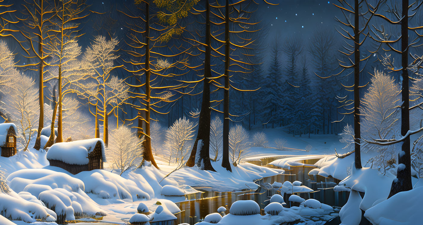 Snow-covered trees, glowing cabin, river in serene forest at night