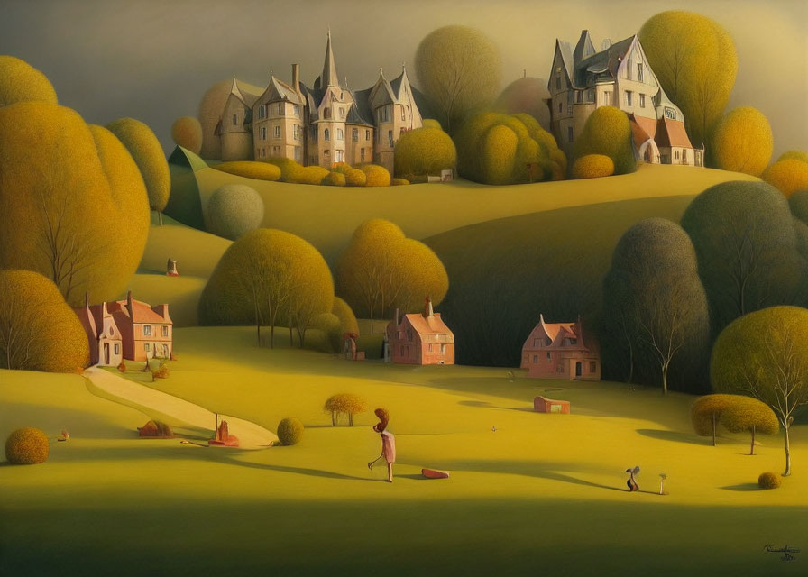 Rolling hills, vibrant trees, château, quaint houses, and leisurely figures in a