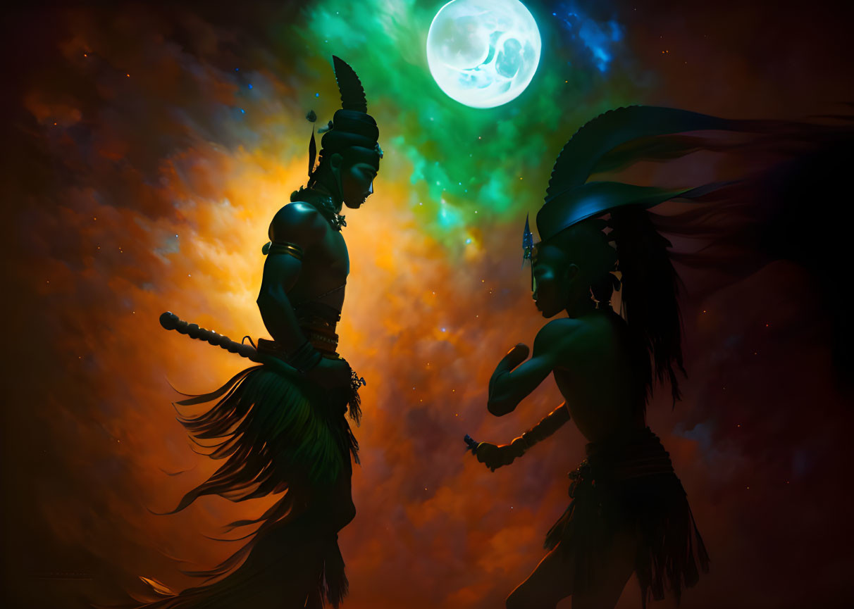 Silhouetted tribal figures dancing under moonlit nebula sky