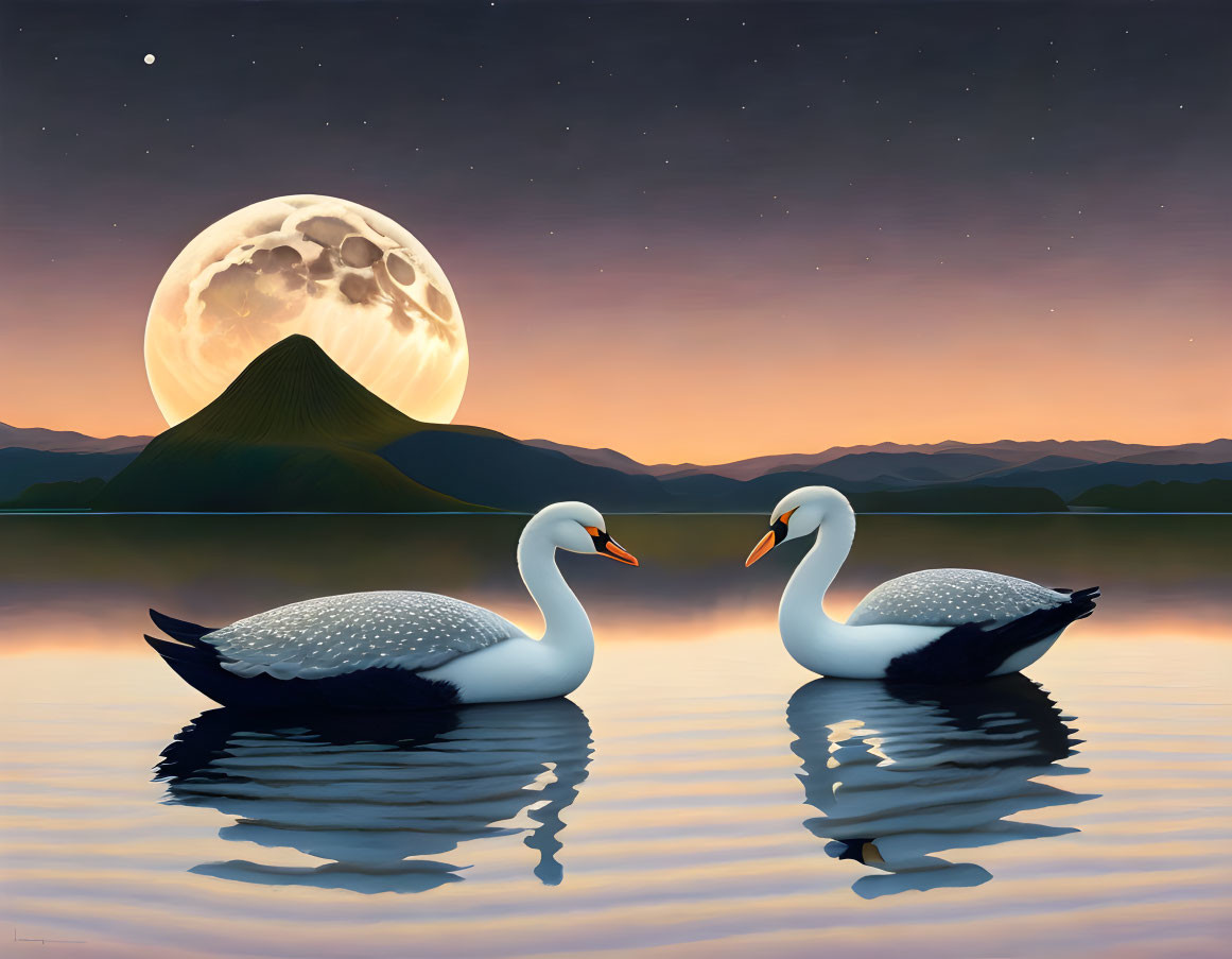 Swans on tranquil lake at dusk with full moon rising behind mountain.