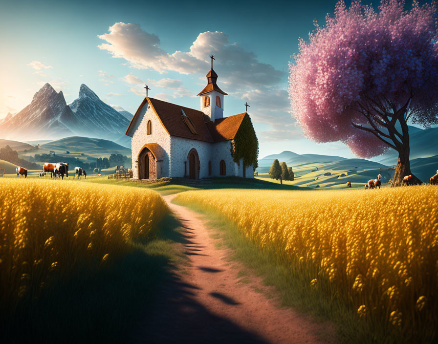 Picturesque countryside church with yellow field, purple tree, and mountains