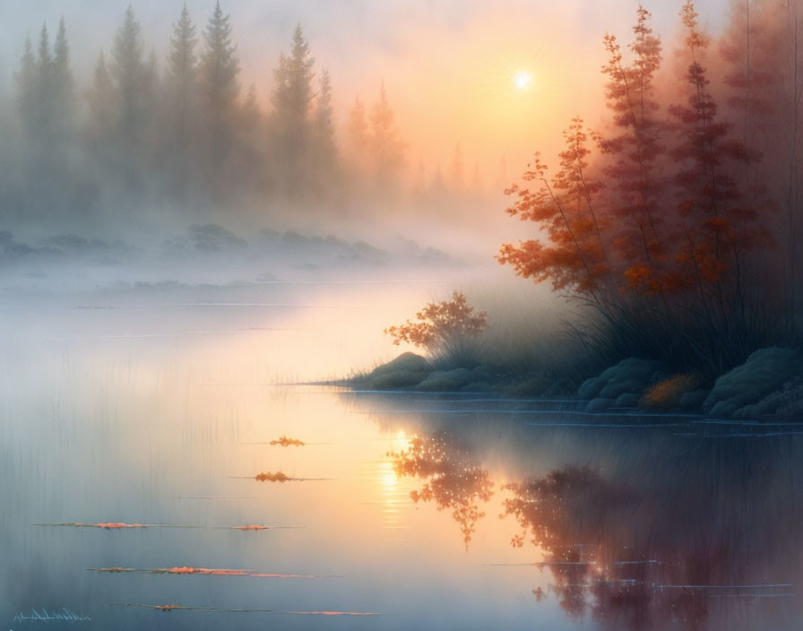 Tranquil sunrise lake scene with mist, reflecting trees, and soft orange sky