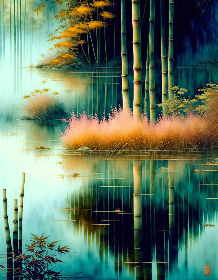 Tranquil bamboo forest scene with mist and pink grass reflecting on water surface