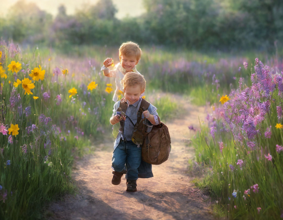 Joyful young children walking down sunlit path surrounded by wildflowers