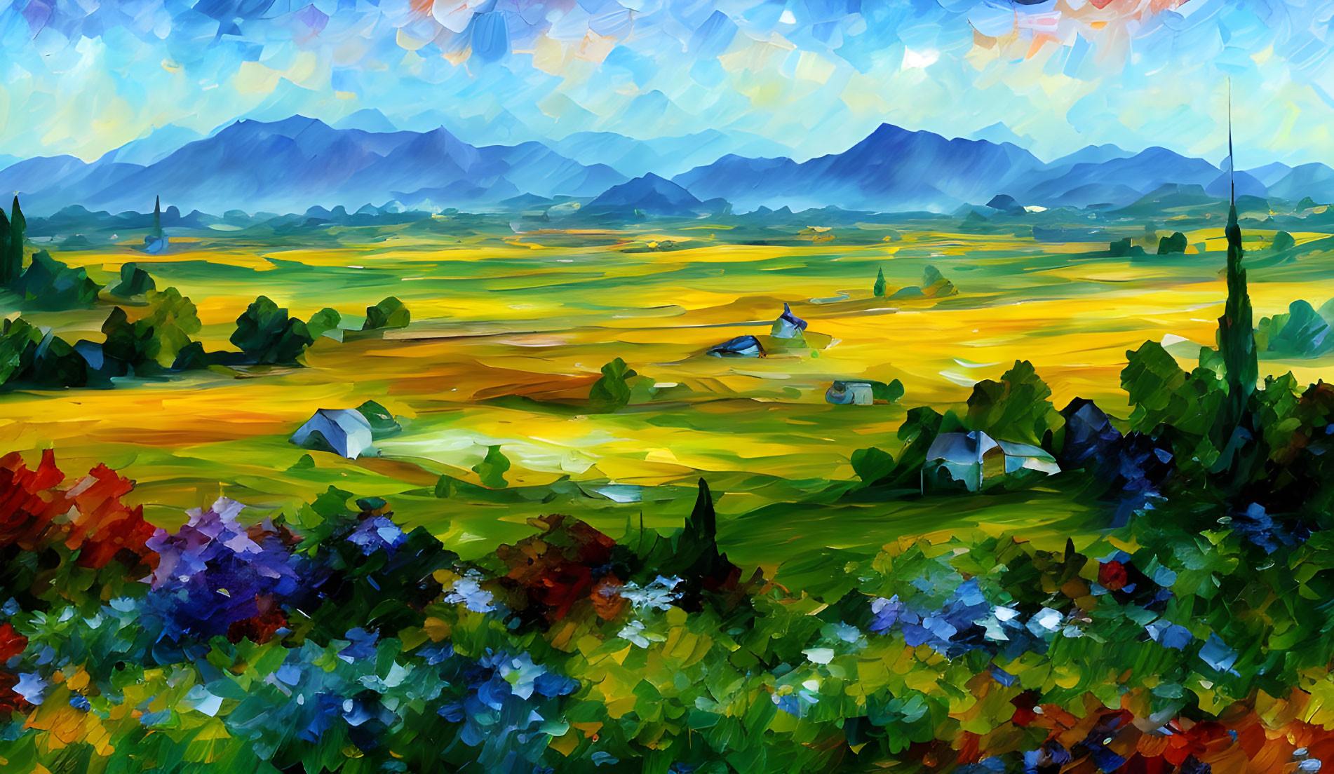 Scenic landscape oil painting with vibrant colors and flowery foreground