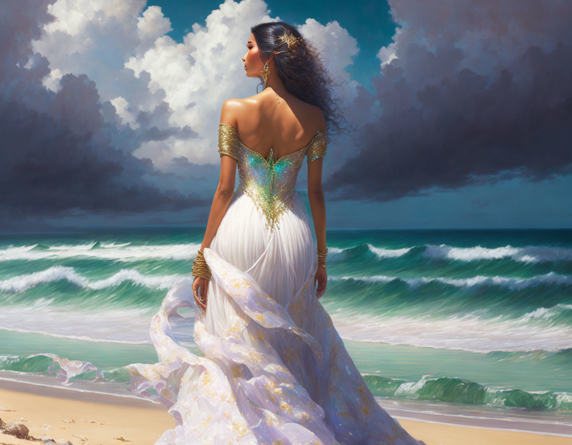 Woman in white and gold gown on beach with crashing waves and dramatic clouds