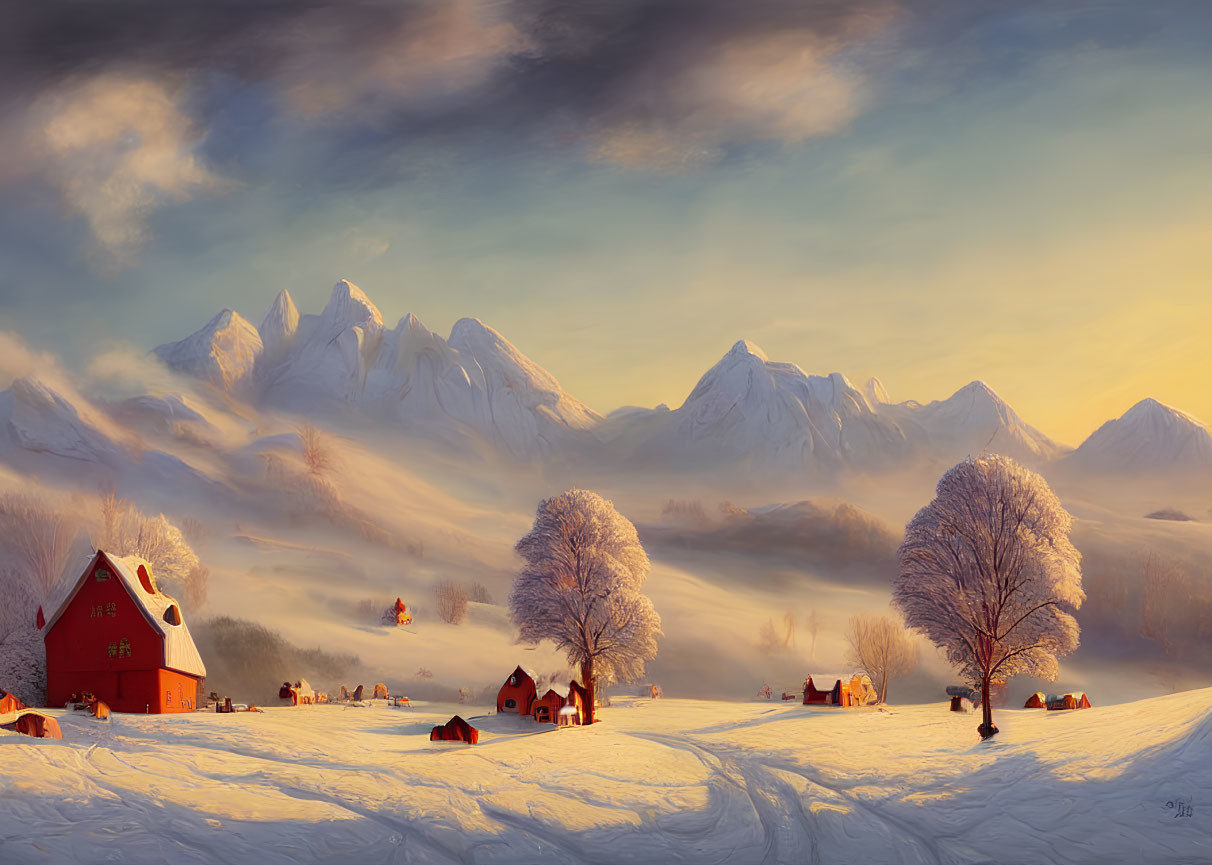 Winter sunset over red-roofed cottage, bare trees, and snow-capped mountains