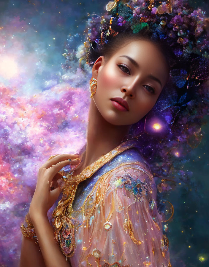 Elaborate Cosmic-Themed Headpiece on Woman Against Starry Nebula