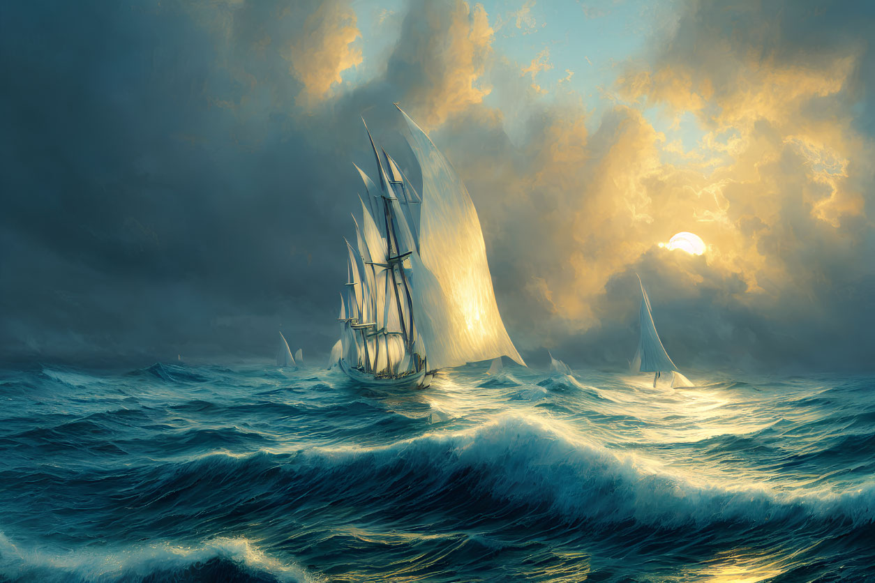 Sailing ships on tumultuous sea waves under dramatic sky