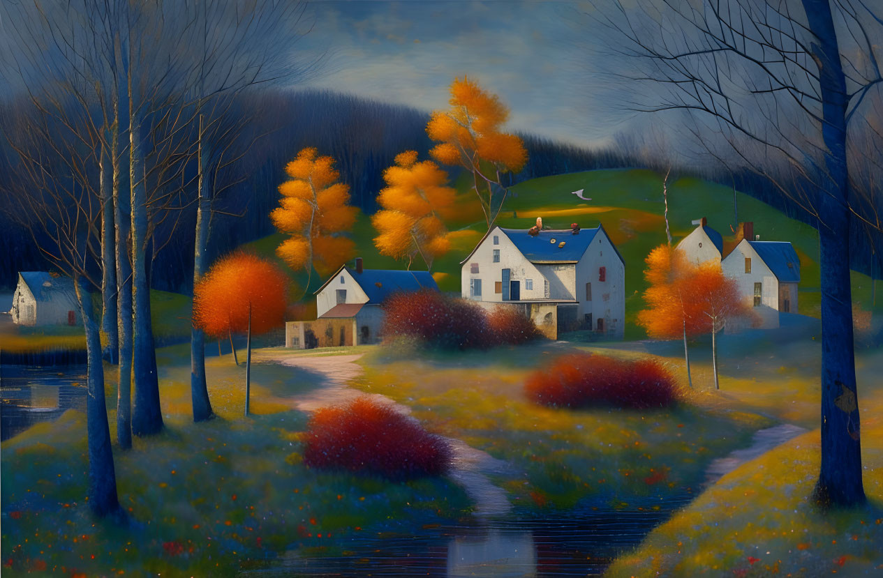 Tranquil autumn landscape with stream, orange trees, white houses