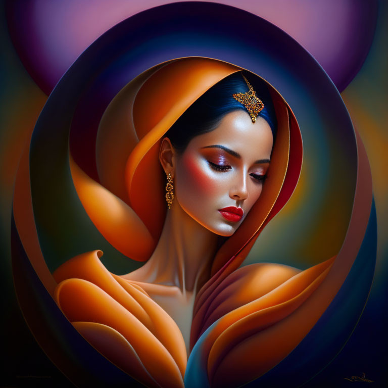 Stylized portrait of a woman with orange and blue drapery, striking makeup, and elegant