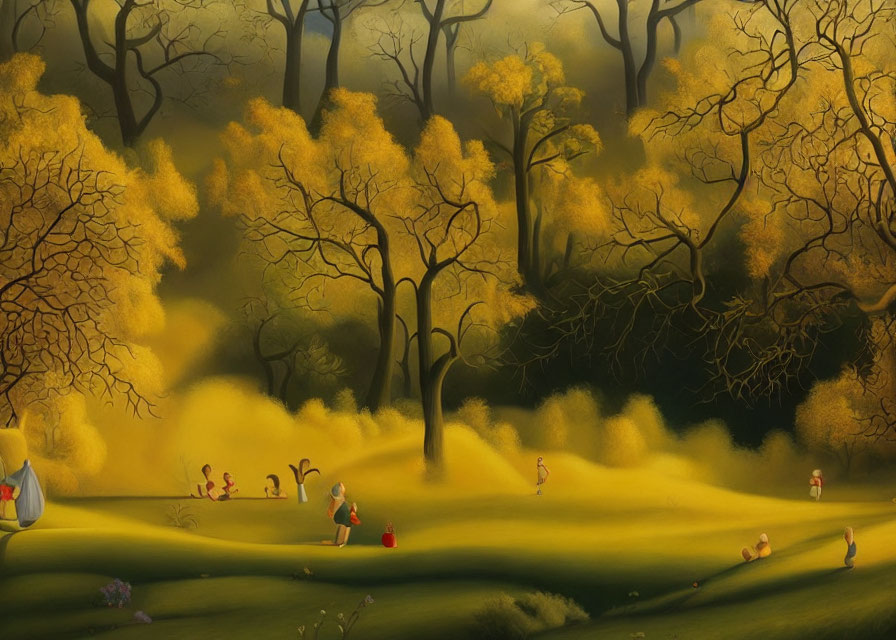 Golden-yellow foliage forest scene with small figures exploring under hazy light