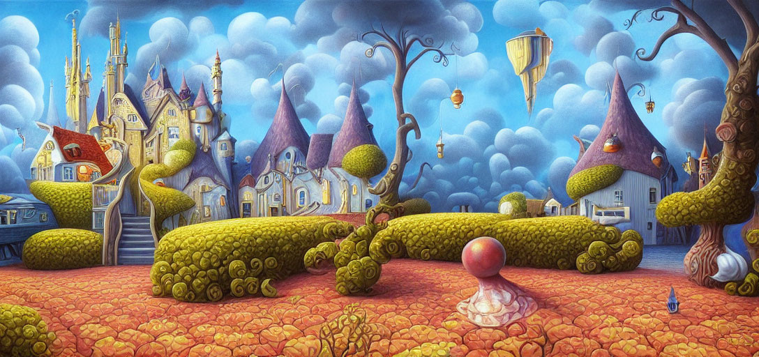 Whimsical fairytale castle landscape with bizarre trees and floating islands