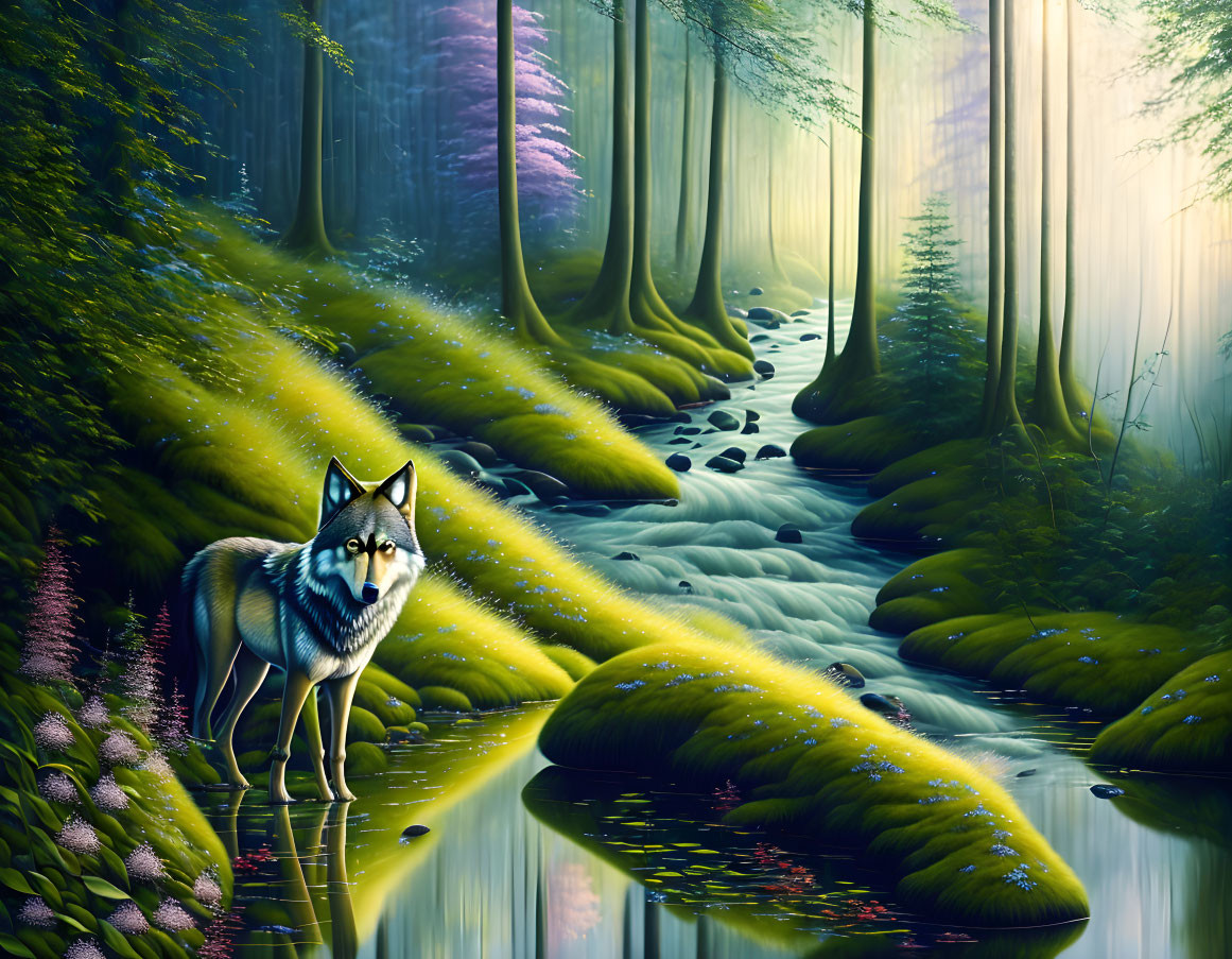 Wolf by serene stream in mystical forest with light beams & lush greenery