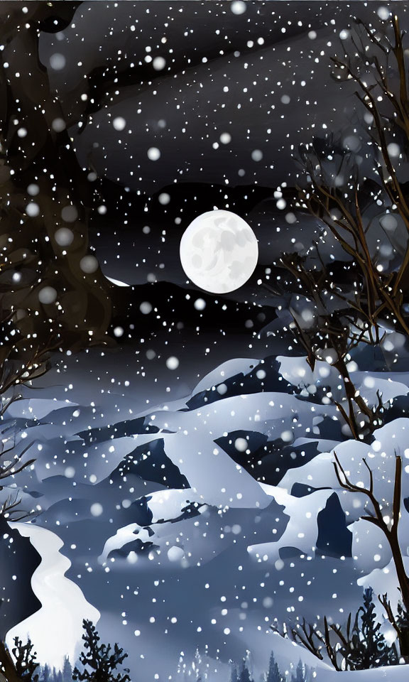 Full Moon Winter Night: Snowy Landscape with Falling Snowflakes