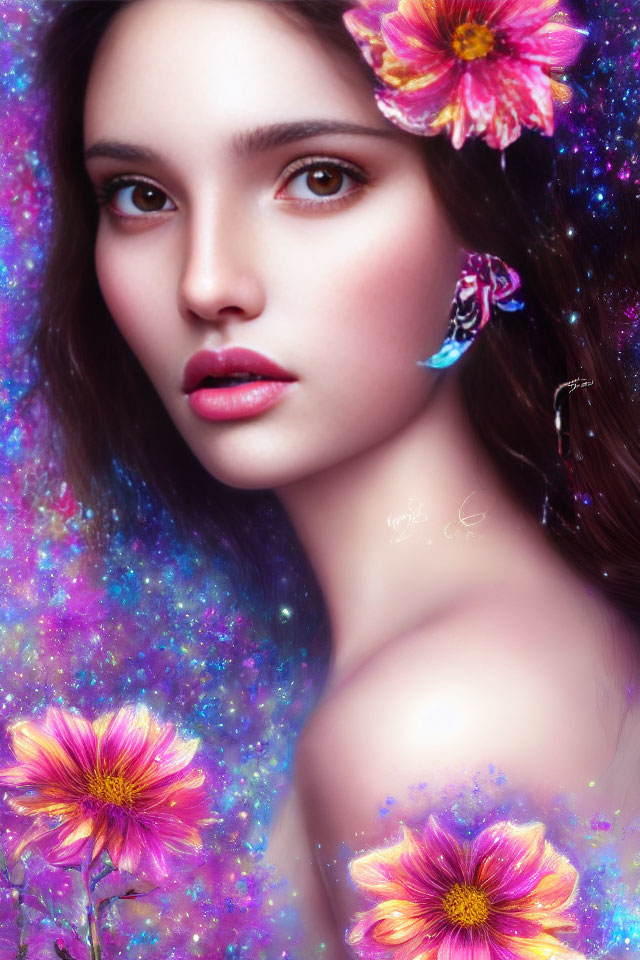 Cosmic-themed makeup portrait with cosmos flowers and nebula background