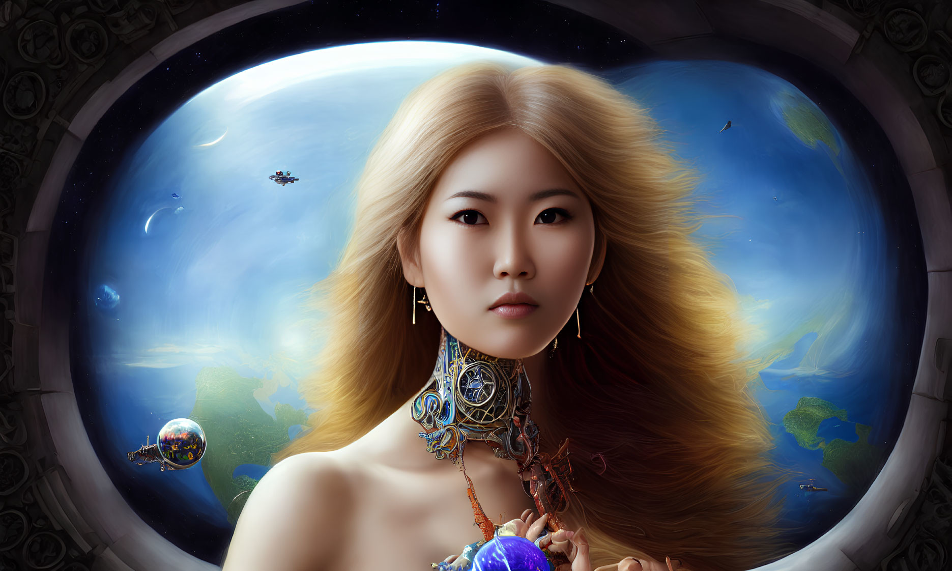 Digital artwork: Woman with golden hair and jewelry in space backdrop