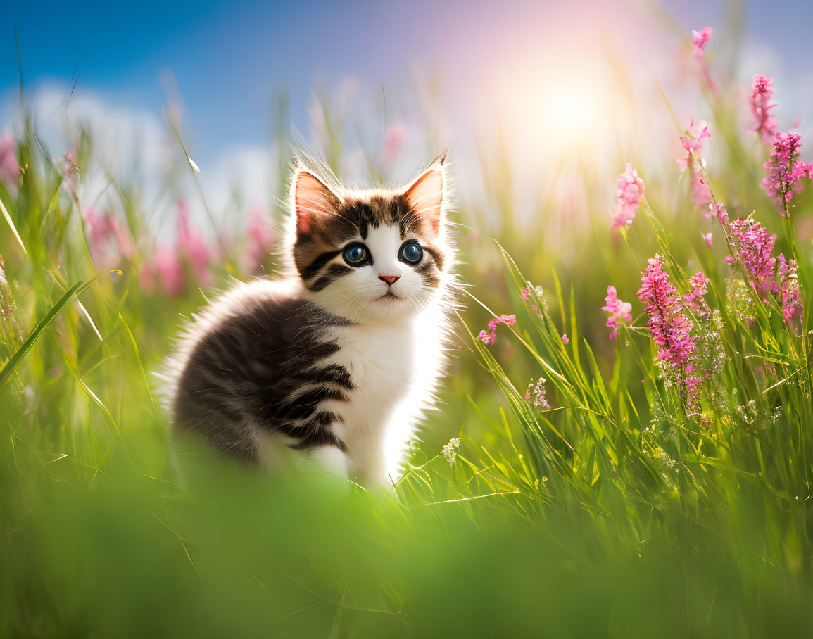 Blue-eyed kitten in grass and flowers under the sun.