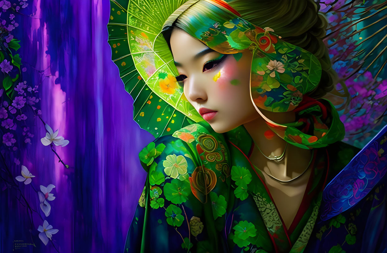 Vibrant Asian woman with floral fan in purple flower setting