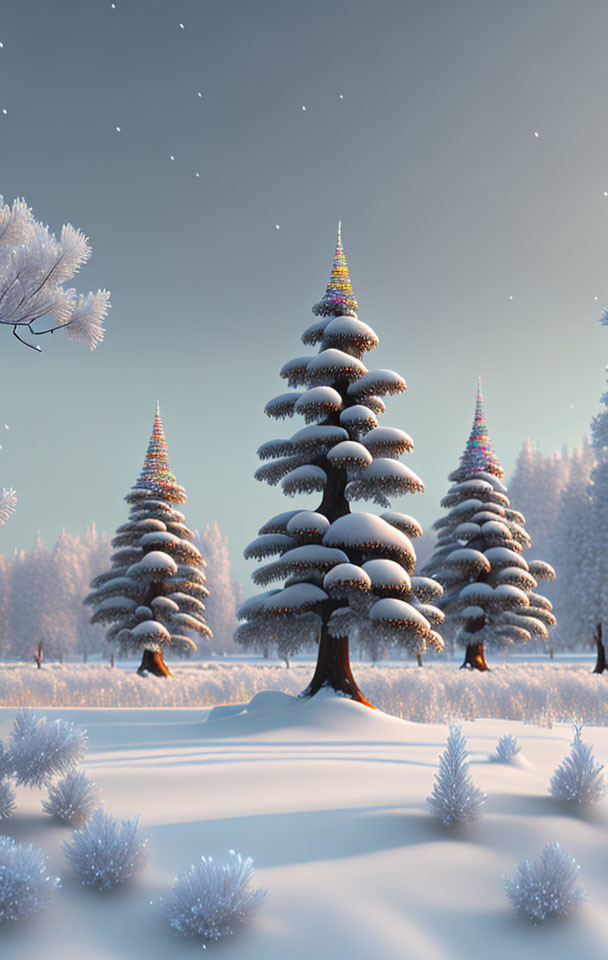 Winter landscape with snow-covered fir trees and magical glowing atmosphere